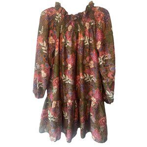 J Marie The Hayes Olive Green Floral Tiered Smocked Long Sleeve Mini Dress S